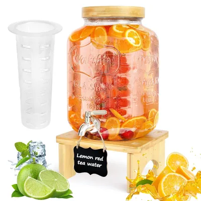 Productafbeelding van Drankdispenser 7,6 L - Glazen fles - RVS kraan - Bamboe standaard - Voedselveilig - BPA-vrij - Drankdispenser