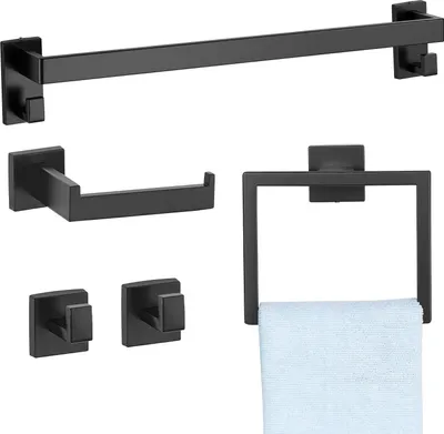 Produktbild von Badezimmer Zubehör Set - 5-teilig - Edelstahl - Handtuchstange - Handtuchring quadratisch - 2 Haken - Toilettenpapierhalter - Wandmontage - Schwarz