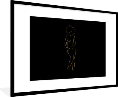 Produktbild von MuchoWow® Gerahmtes Poster Frau - Schwarz - Gold - Strichzeichnung 90x60 cm - Poster mit Schwarzem Bilderrahmen Wandposter Rahmen Foto Bilder - Wanddekoration - Fotos