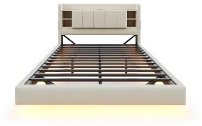 Immagine prodotto di Letto a soppalco 140x200 cm, con illuminazione a LED, con presa USB, con spazio contenitivo, con ripiani, con testiera imbottita, color beige