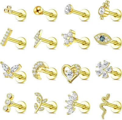 Produktbild von Knorpel Helix Tragus Piercing Set 16 Stück 16G Chirurgenstahl CZ Ohrringe Damen 6MM Gold
