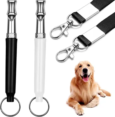 Obrázok produktu pre Pískavky pre psov, 2 kusy, čierne a biele, s remienkom 49 cm, určené na výcvik