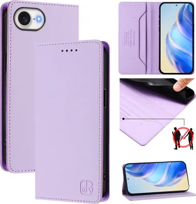 Immagine prodotto di Custodia in pelle per iPhone 16e/iPhone 17e, custodia a libro con scomparti per carte, portamonete e supporto. Colore: viola
