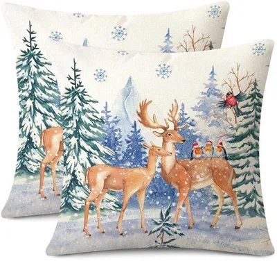 Zdjęcie produktu dla Zestaw 2 dekoracyjne świąteczne poszewki na poduszki Unyqoos®, 40x40 cm, wykonane z poliestru i lnu, z ukrytym zamkiem błyskawicznym – świąteczne motywy