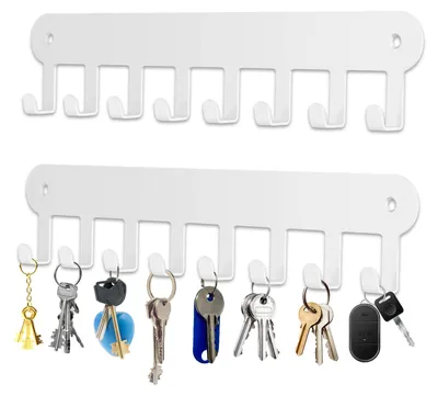 Image de Porte-clés à 8 crochets, en deux parties, sans perçage, blanc, avec bandes adhésives