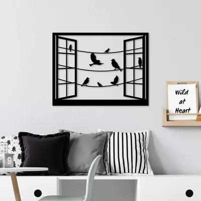 Immagine prodotto di Wallity, Uccelli davanti alla finestra - 3, Accessorio decorativo da parete in metallo, 100 % METALLO, Nero, 50 x 38 cm