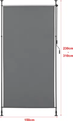 A dark gray outdoor roller blind mounted on a metal frame, shown in a studio setting with dimensions indicated.