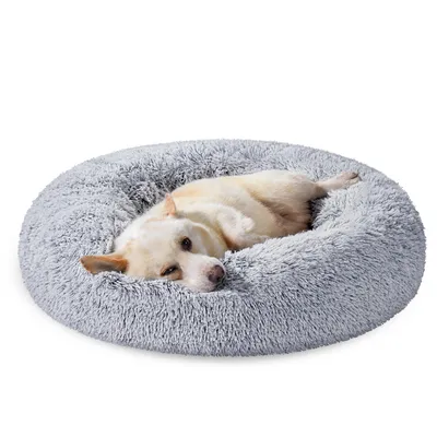 Produktbild von Feandrea Hundebett flauschig, Katzenbett, Donut Kissen, waschbar, Polsterung in der Mitte herausnehmbar, langer Plüsch, 80 cm Durchmesser, Ombré-Grau