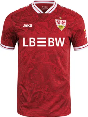 A red VfB Stuttgart football jersey with white trim and logos.