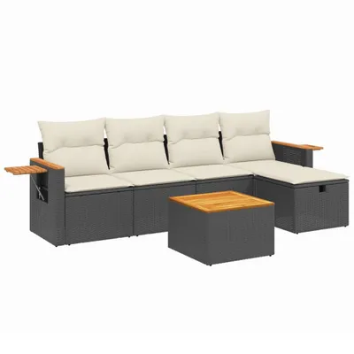 Produktbild von Garten-Sofagarnitur, 6-teilig, modular, Poly Rattan Schwarz, pulverbeschichteter Stahl, Akazienholz-Tisch, cremeweiße Kissen, UV-beständig