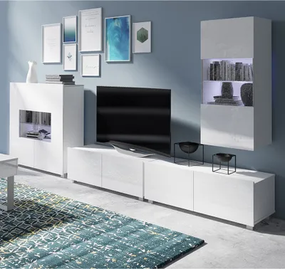 Produktbild von Wohnwand Set in weiß Hochglanz mit LED Beleuchtung CAIRNS-132, B/H/T ca. 315/200/43 cm