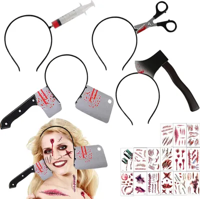 Produktbild von Halloween Horror Haarreif Set - 5 Stück Messer im Kopf, Zombie Scars Tattoo, Accessoires für Karneval Kostüm Party