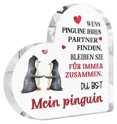 Immagine prodotto di Pinguini decorativi in acrilico, coppia. Regalo romantico, design a forma di cuore, simbolo di amore eterno