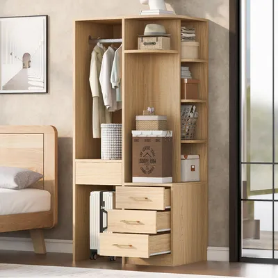 Produktbild von Flieks Eckkleiderschrank mit Kleiderstange, Kleiderschrank mit Schubladen und Ablagen, Gaderobenschrank Gaderobe 70x55x175 cm, Naturbelassen