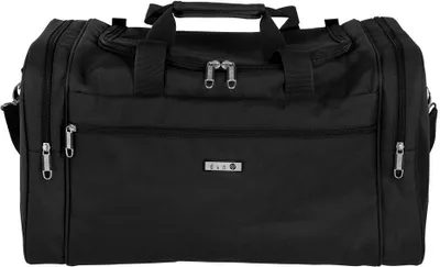 A black duffel bag is shown from the front.