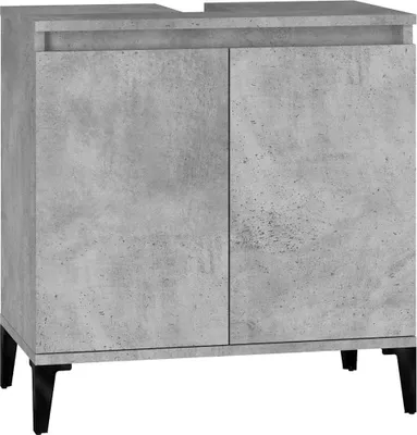 A concrete-effect bathroom vanity cabinet with two doors and black legs, shown against a white background.