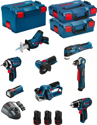 Produktbild von BOSCH Kit 12V BMK8-28ED3 (GSR 12V-15 + GDR 12V-105 + GWB 12V-10 + GWS 12V-76 + GOP 12V-28 + GSA 12V-14 + GLI 12V-80 +GHO 12V-20)