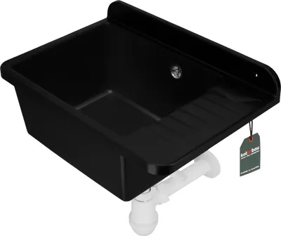A black sink with a drain and plumbing attached, shown from a slightly elevated angle against a white background.