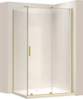 A corner shower cabin with gold-colored frames and a clear glass door.