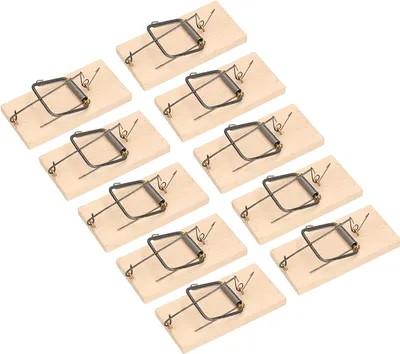 A collection of wooden mouse traps arranged diagonally on a white background.
