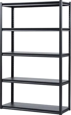 A black, five-tier shelving unit against a white background.