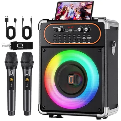 Obrázek produktu pro Karaoke systém, 6,5palcový basový reproduktor, výstupní výkon 40 W, rozměry 10 x 5,5 x 13,3 palců, dva bezdrátové mikrofony, připojení přes Bluetooth