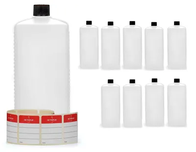 Immagine prodotto di 10 bottiglie di plastica da 1.000 ml angolari con tappi a vite neri