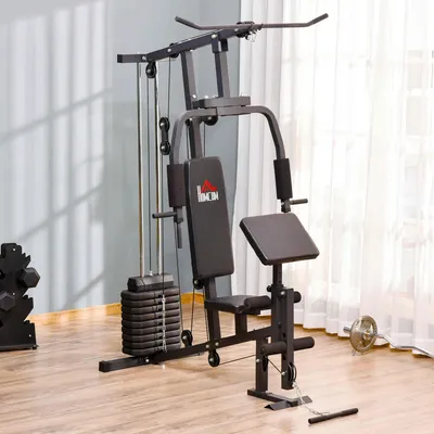 Produktbild von Kraftstation für Zuhause Fitnessstation mit Latzuggerät, Kabelzug, kurzer Bizepsstange, Brustpresse, Beintrainer