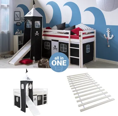 Produktbild von Homestyle4u Hochbett 90x200 mit Rutsche Turm Lattenrost Vorhang schwarz Kinderbett Weiß Holz Kiefer Massiv Jugendbett