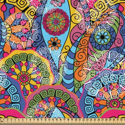 Produktbild von ABAKUHAUS Blumen Gewebe als Meterware, Hippie-Art-Zusammenfassung blüht mit aztekischen Stammes- geometrischen Trippy Boho antiken Zahlen, 10 M (148 x 1000 cm), Mehrfarbig