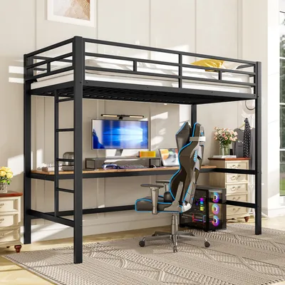 Obrázek produktu pro okwish Patrová postel 90×200 cm s integrovaným psacím stolem a zásuvkou, dětská postel pro mládež s bezpečnostním zábradlím a LED, černá,bez matrace