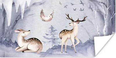 Produktbild von MuchoWow® Poster Winter - Hirsche - Vögel 40x20 cm - Poster für die Wand - Poster Schlafzimmer
