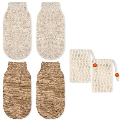 Produktbild von Peeling Handschuhe Körper Naturfasern 4er Set – Duschhandschuh & Massage Waschlappen mit 2 Netztaschen | Für Damen & Herren