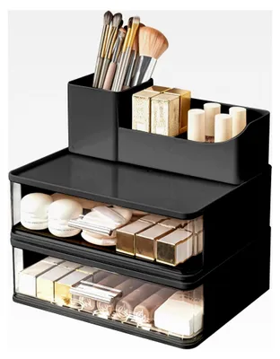 Produktbild von Make-up Organizer mit 2 Schubladen, stapelbarer Kosmetik Organizer, Pinselhalter für die Aufbewahrung von Kosmetik für Schminktisch, Badezimmer und Schreibtisch (Schwarz)