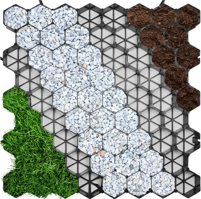A grid of hexagonal cells filled with different materials: grass, white gravel, and dark soil. The grid is black and appears to be a ground reinforcement system.