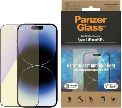 Image de Panzerglass Verre trempé antibactérien ultra large avec filtre anti-lumière bleue et positionneur pour Iphone 14 Pro