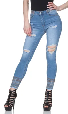 Produktbild von Damen Jeans Skinny Stretch Hose zerrissen - Push Up Denim Hellblau mit Löchern & Rissen - y Röhrenjeans kaputt - Mid Waist Mittlere Bundhöhe - SOTALA Markenjeans 36 (S)
