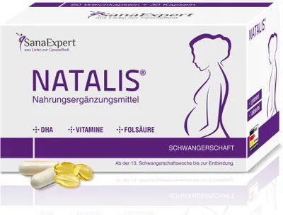 Produktbild von SanaExpert Natalis, Nahrungsergänzung in der Schwangerschaft mit 700 µg DHA, Folsäure, Eisen, Mineralstoffen und Vitaminen, Kombi-Präparat, 90 Kapseln
