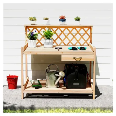 Produktbild von Pflanztisch mit Rankgitter aus Holz, Gärtnertisch mit Arbeitsplatte, Schublade und 2 Ablagen, für Garten, Balkon und Terrasse, 90 x 59 x 88 cm, Natur