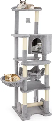 Image de COSTWAY Arbre à chat en bois 176cm, Grand arbre à chat, Arbre à chat avec grotte, lit en osier, hamac, poteaux en sisal, plates-formes & jouets Meubles pour chats Gris