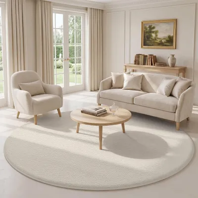 Image de Omgoods - Tapis rond moderne - Beige, duveteux, 160 x 160 cm