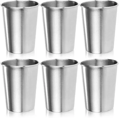 Obrázek produktu pro Sada 6 nerezových hrnků Unyqoos® o objemu 250 ml – nerozbitné, bez BPA, vhodné do myčky, stohovatelné, stříbrné barvy, ideální pro kempování a cestování