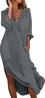 Produktbild von ASKSA Damen Elegant Kleider Einfarbig Lang Hemdkleid Midi Tunika Sommerkleider mit Taschen, Grau, L