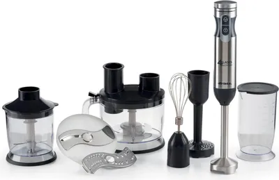 A collection of kitchen appliances, including an immersion blender and its attachments, arranged on a white background.