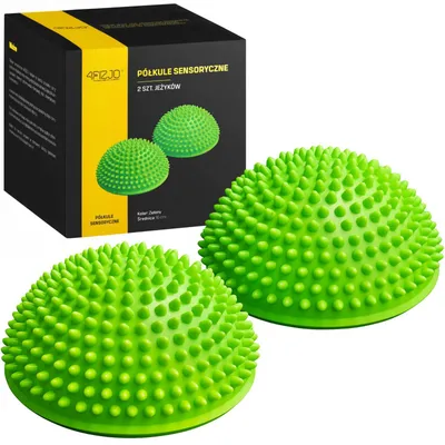 Two green sensory half-balls are shown in front of their packaging.