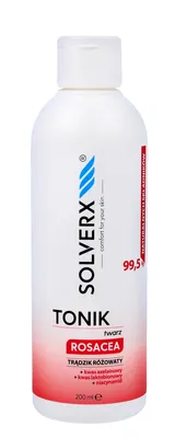 A bottle of SOLVERX Rosacea facial toner against a white background.