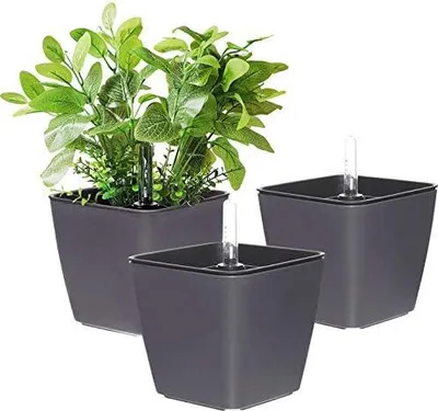 Produktbild von T4U 13cm Blumentopf Plastik mit Bewässerungssyste mit Anzeiger Eckig Selbstbewässerungstopf Dunkelgrau 3er-Set, Blumentopf Selbstbewässernd für Innen,Übertöpfe für Zimmerpflanzen
