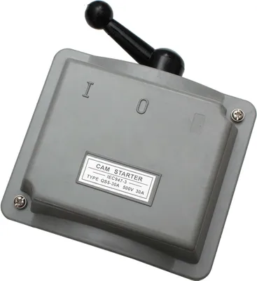 A gray cam starter switch with a black lever handle, shown against a white background.