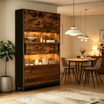 Produktbild von STILVORA Vitrine mit LED und Acrylfront, Hochschrank mit 5 Fächer und 2 Schubladen, Vitrinenschrank, Push-to-Open Türen, App-gesteuert