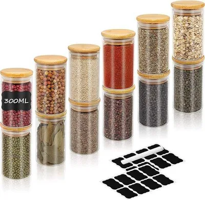 Produktbild von Unyqoos® Gewürzgläser 12er Set (300 ml) – Borosilikatglas mit luftdichten Bambusdeckeln, stapelbare Vorratsgläser für Kräuter & Gewürze, inkl. Etiketten